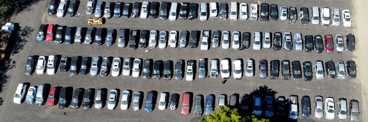 An aerial view of vehicles being parted out at Porchtown Recycling